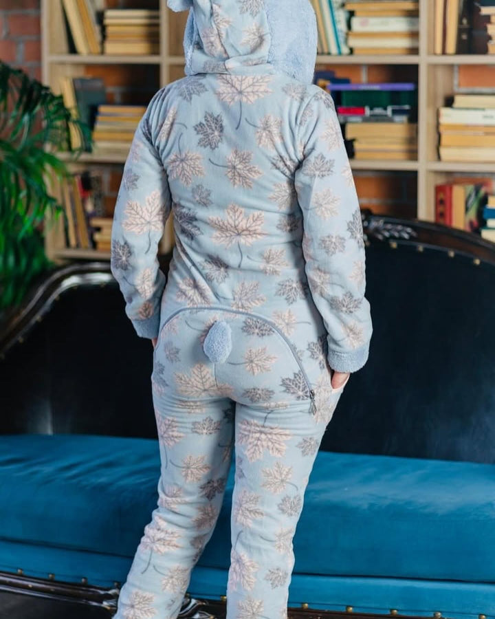 Pyjama Kigurumi Douillet Gris avec Motif Feuille