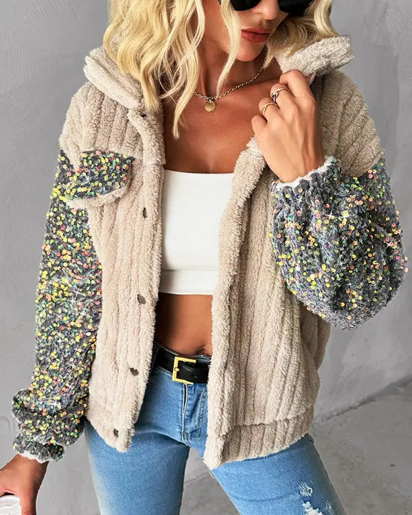 Luna Sequin Sleeve Sherpa Jacket – Cozy & Stylish