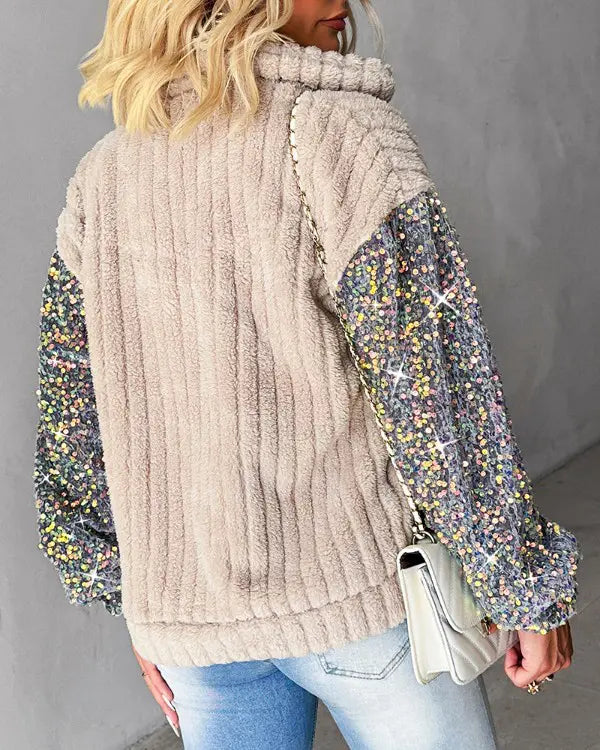 Luna Sequin Sleeve Sherpa Jacket – Cozy & Stylish