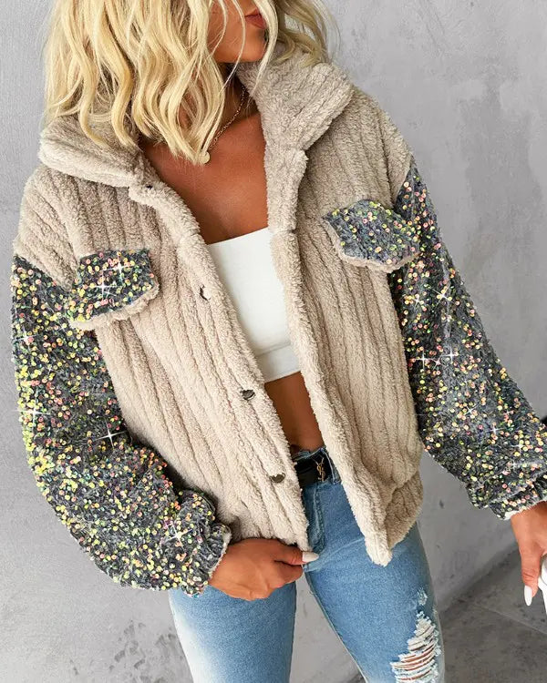 Luna Sequin Sleeve Sherpa Jacket – Cozy & Stylish